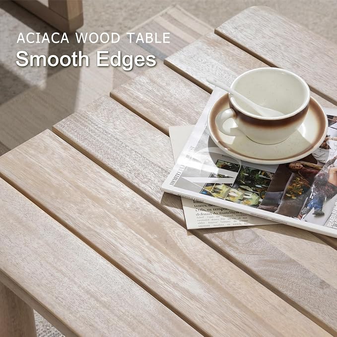 SUNSITT 4-Piece Acacia Wood Patio Furniture Set, Outdoor Conversation Sofa Set with 3-Seat Sofa, 2 Rope Woven Outdoor Club Chairs & Slatted Coffee Table, Cream White Cushions for Porch, Backyard, Deck