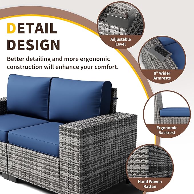 Patio Furniture with Fire Pit Table,8‘’ Wide armrest Outdoor Sectional Rattan Sofa Set, Wicker Patio Furniture Sets w/Coffee Table,Thick Cushions and Cover for Porch, Deck, 9 PC (Grey&Navy)