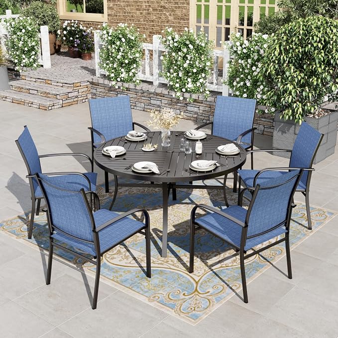 HERA'S HOUSE Outdoor Dining Set for 6, Patio Dining Furniture Set with 6 Patio Chairs, 54" Round Metal Table with Umbrella Hole, Patio Table and Chairs for Backyard Garden, Blue