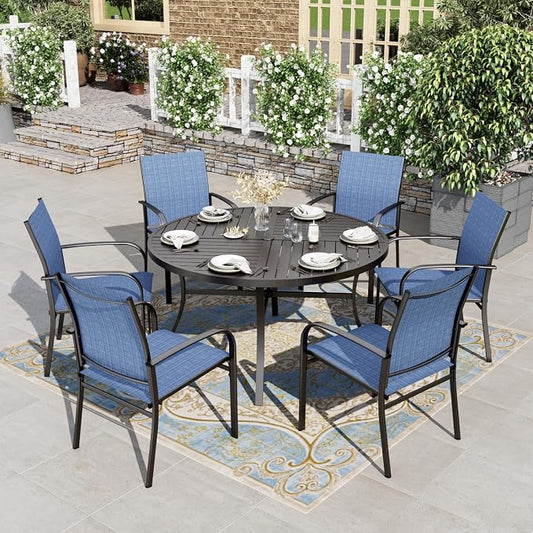 HERA'S HOUSE Outdoor Dining Set for 6, Patio Dining Furniture Set with 6 Patio Chairs, 54" Round Metal Table with Umbrella Hole, Patio Table and Chairs for Backyard Garden, Blue