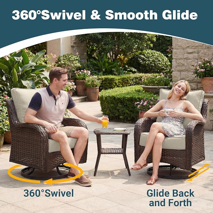 Patio Furniture Set, 12PCS Outdoor Wicker Conversation Set with 6" Thick Cushions, High Back Rattan Sofa & Swivel Rocker Chairs, Weather Resistant Olefin Fabric for Garden, Poolside, Beige