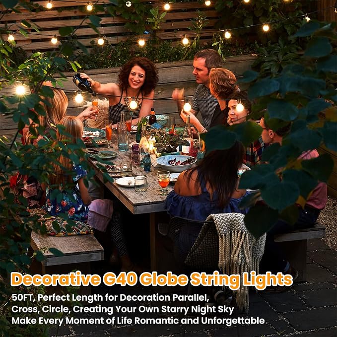 Bosceos 50FT G40 LED Globe Connectable String Lights Outdoor Waterproof | Dimmable Shatterproof Light Strings with 25 Bulbs Commercial Hanging Lights for Christmas Patio House Backyard Balcony Party