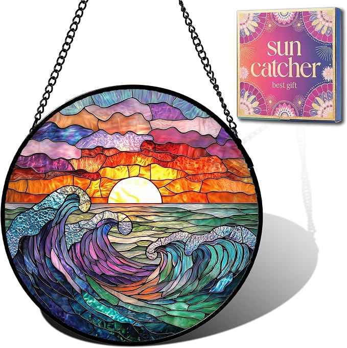 Beach Gifts for Mom - Sunrise Waves Faux Stained Glass Window Hanging Sun Catcher for Door Garden Acrylic Decor Mother's Day Birthday Stocking Stuffer Gift for Women Nana Friend Men Grandma 11.8"