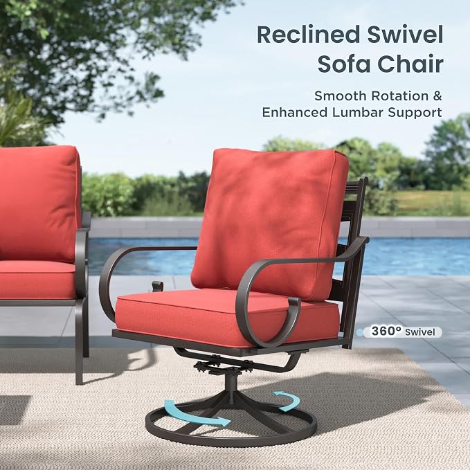 PHI VILLA Patio Furniture Set, a Loveseat, 3-Seater Sofa, 2 Swivel Chairs and a Coffee Table, Outdoor Metalio Conversation Set with 5.75" Extra Thick Cushion for Garden Backyard Deck, Red