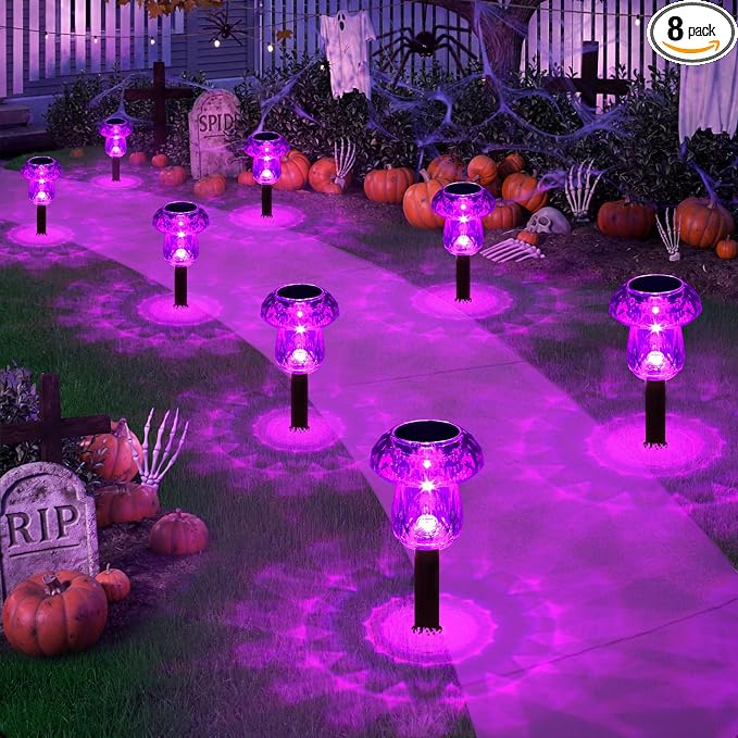 Solar Halloween Lights Outdoor 8 Pack Purple Garden Mushroom Decor | LED Waterproof Halloween Decorations Outdoor for Pathway Yard Outside Driveway Walkway Landscape Path Lighting, Auto On/Off