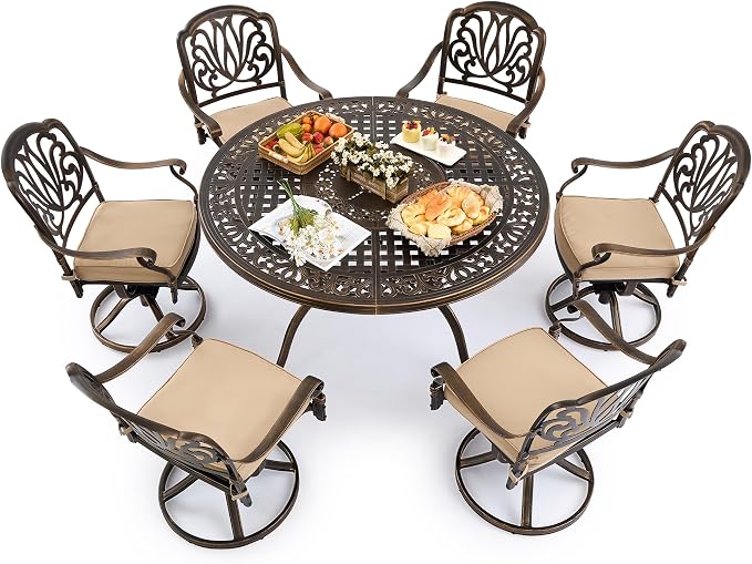 Outdoor Dining Set Cast Aluminum Retro Patio Dining Set with Thicker Cushion and Umbrella Hole for Patio Deck (Bronze Swivel Chair(Elizabeth), 7 Pcs(54" Round Table))
