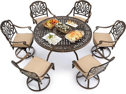 Outdoor Dining Set Cast Aluminum Retro Patio Dining Set with Thicker Cushion and Umbrella Hole for Patio Deck (Bronze Swivel Chair(Elizabeth), 7 Pcs(54" Round Table))