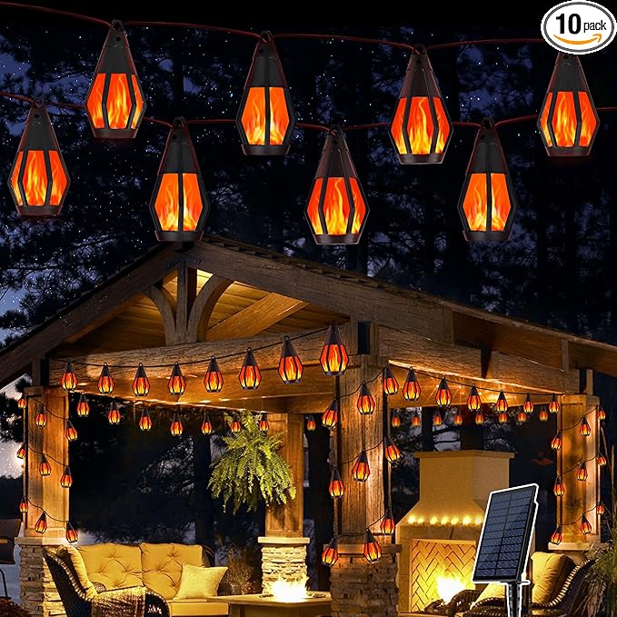 Solar String Lights for Outside, 21Ft Solar Gazebo Lights with 10 Flickering Flame Light Bulbs, Waterproof Red Solar Powered Outdoor Light for Garden Blackyard Patio porch Bistro Cafe Halloween Decor