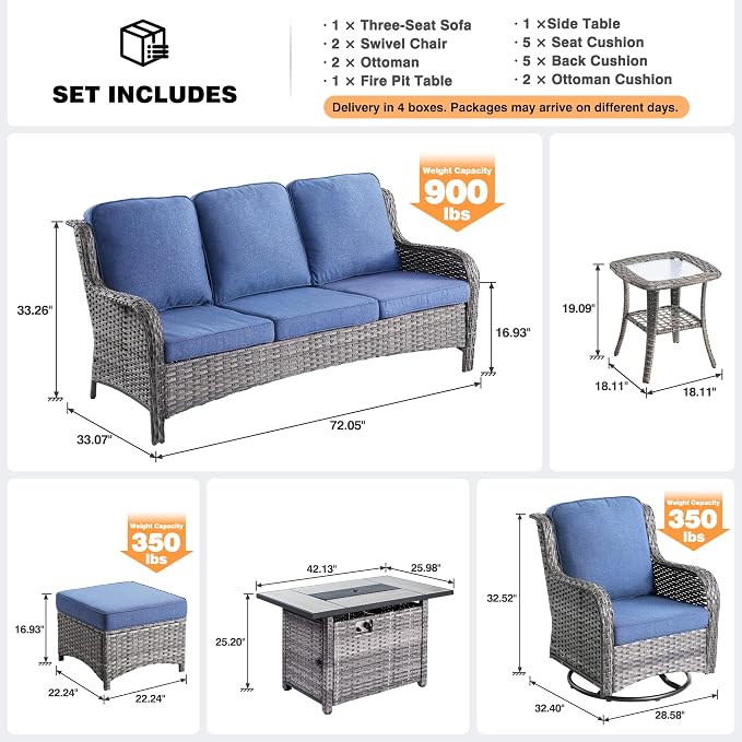 ovios 7-Pieces Patio Furniture Set with 42" Fire Pit Table Swivel Chairs, Outdoor Wicker Sofa Couch Gliders Rocker, High Back Modern Conversation Set, Grey Rattan, Denim Blue
