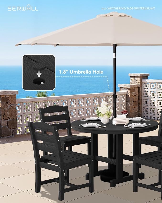 SERWALL 5-Piece Outdoor Round Dining Sets, HDPE Patio Table and Chairs Furniture Set, 45" Round Dining Table and 4 Armless Dining Chairs, Black