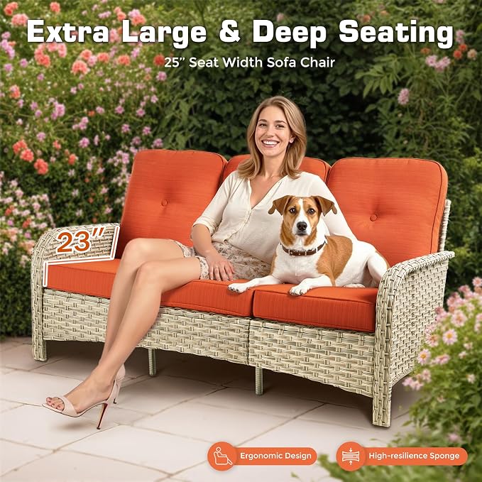 6-Piece Outdoor Patio Furniture Set with Fire Pit Table,All Weather Wicker Rattan Patio Seating Sofa and Chair Set with Ottomans,Outdoor Conversation Sets with 3 Seater Couch for Porch Deck Yard,Red