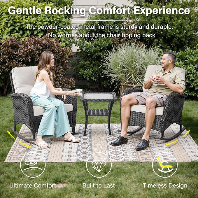 Belord 5 Piece Outdoor Conversation Patio Furniture Set - All-Weather Wicker Patio Rocking Chairs with Loveseat Glider Chair and Coffee Table for Patio Deck Porch Backyard Black Wicker