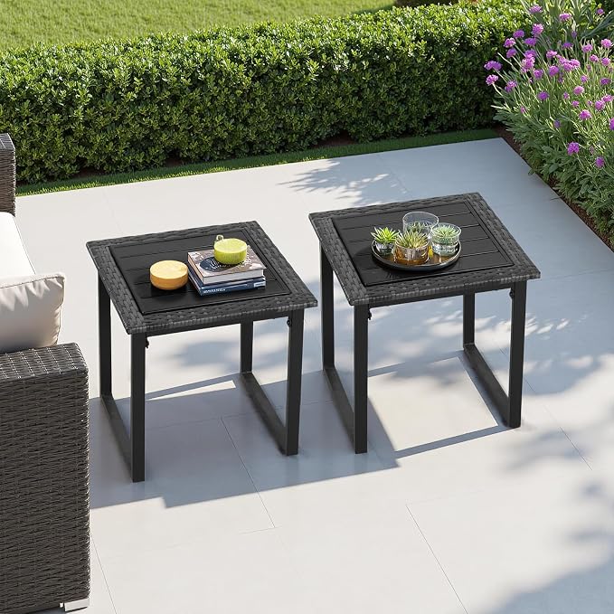 Outdoor Patio Side Tables Set of 2, 2PCS PE Wicker Outside Coffee Table for Porch, Yard, Balcony, Black Frame Patio End Table