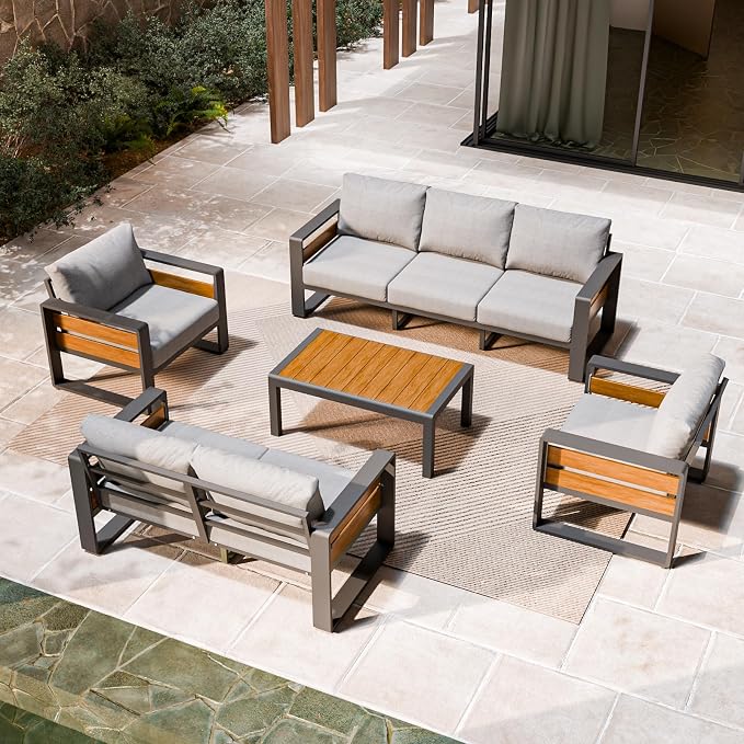 ZANDOR Aluminum Outdoor Patio Furniture Set with Coffee Table, 7 Seats Patio Conversation Sets with Washable Thick Cushions, Outdoor Sectional for Porch, Backyard, Deck, Garden & Poolside, Grey
