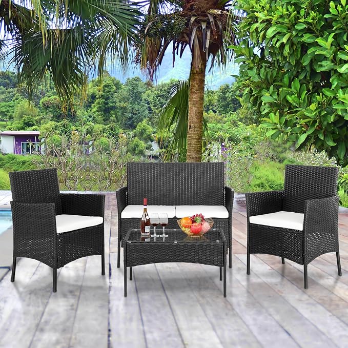 4 Piece Outdoor Patio Furniture Set, Wicker Rattan Patio Conversation Set with Loveseat Soft Cushion and Coffee Table for Garden, Backyard, Balcony, Porch, Yard and Poolside, Black