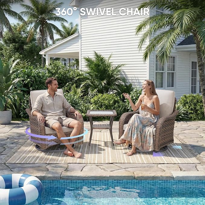 Patio Furniture Set - 9 Pieces All Weather Wicker Outdoor Furniture with 4 Swivel Chairs, 2 Ottomans, 1 Sofa, 1 Side Table and Fire Pit Table, Ergonomic Design for Porch, Deck, and Backyard(Beige)