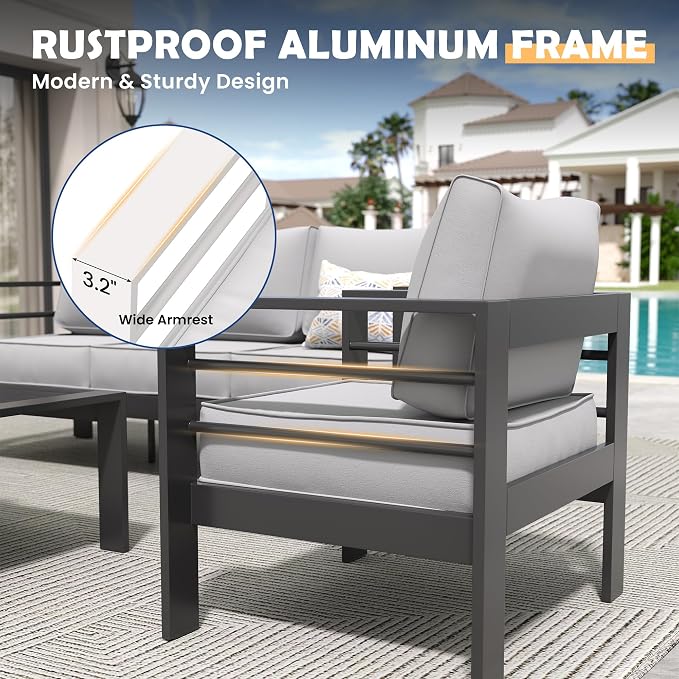 Amopatio Aluminum Patio Furniture Set, 6 Pieces Modern Patio Conversation Sets, Outdoor Sectional Metal Sofa with Coffee Table for Balcony, Garden (Included Waterproof Covers)