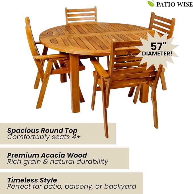 Patio Wise Round Acacia Wood Patio Table, Indoor/Outdoor Wooden Dining Tables, Deck, Balcony, & Porch Furniture, 57-Inches Long x 57" Wide x 29 ½ -Inches High with 2-Inch Umbrella Hole, Teak