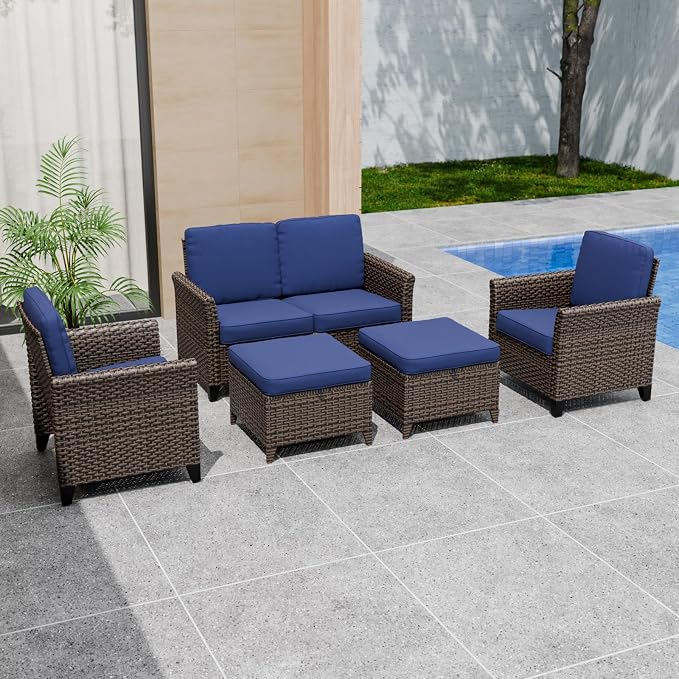 COOS BAY Harbor Retreat 5 Piece Outdoor Furniture Set, Patio Conversation Set with Patio Chairs, 2 Seat Loveseat and Ottomans, Wicker Furniture, Brown/Blue