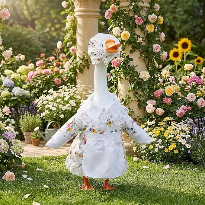 Spring Porch Goose Outfit Flower Porch Goose Clothes for 23 Inch Lawn Cement or Plastic Geese Statue Geese Skirt Costume with Hat Dress for Spring Outdoor Patio Yard Garden Holiday Decoration