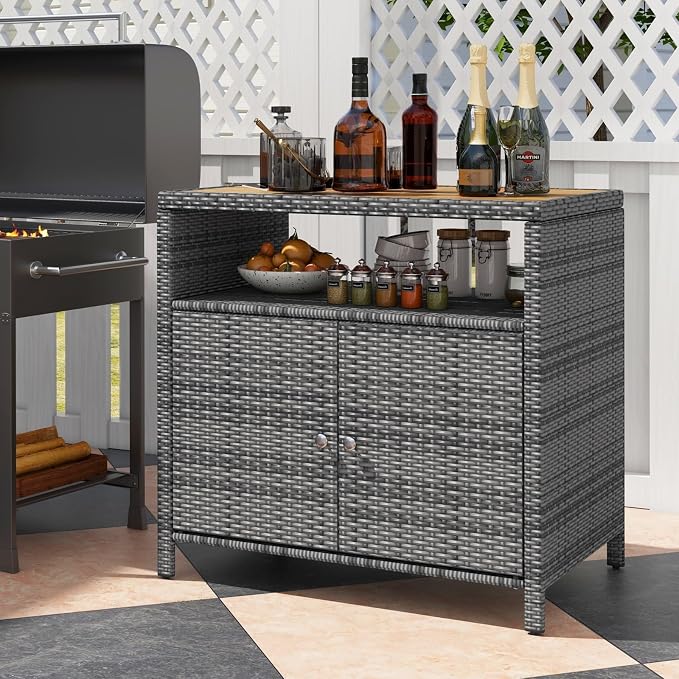 RELAX4LIFE Wicker Outdoor Bar Cabinet - PE Rattan Patio Bar Table w/Acacia Wood Countertop, Open Shelf & 2 Doors, Buffet Sideboard Organizer for Garden Backyard Pool, Outside Storage Cabinet (Grey)