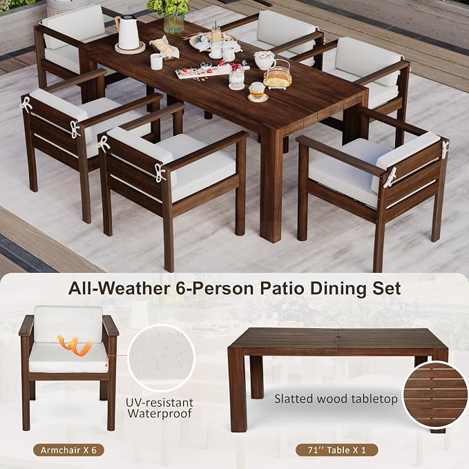 Merax 7-Piece Patio Dining Table Set,Outdoor Furniture Set with 72.8" Rectangle Table & 6 Chairs,Adjustable Leveling Feet,Umbrella Hole for Backyard,Garden,Poolside,Brown+ Beige