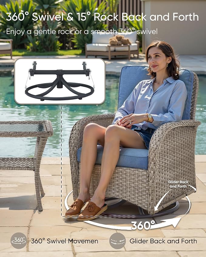 HUMMUH 3-Piece Wicker Swivel Rocking Patio Bistro Set, Grey/Blue | 360-degree swivel, 2-tier side table, UV-proof Olefin fabric, 4-inch sponge cushions, 3-inch armrests