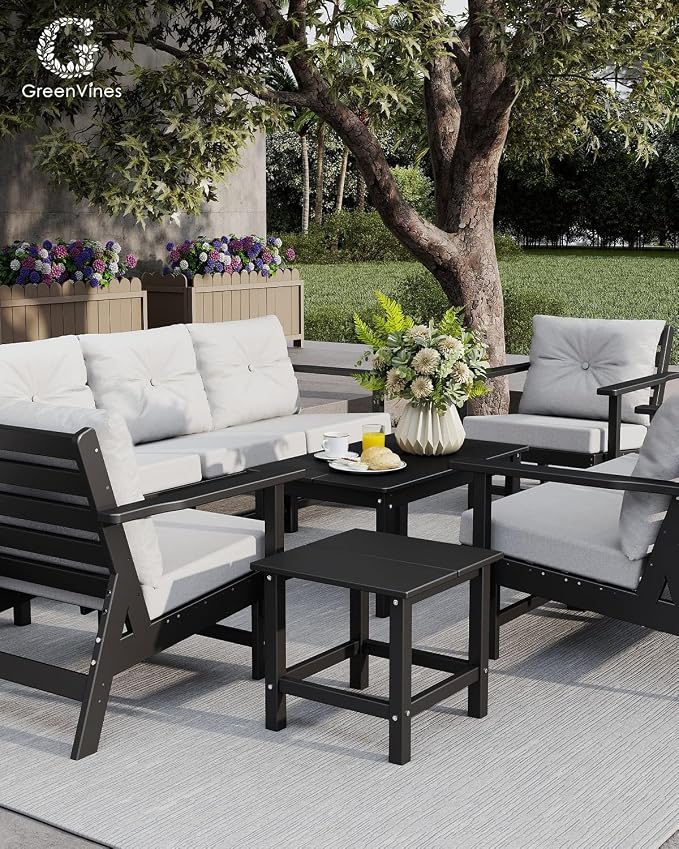 GREENVINES Outdoor-Loveseat | HDPE Plastic | Patio Furniture | All Weather Couch | Sofa with Detachable Armrests | for Porch Deck Lawn | Black Frame Light Gray Cushion