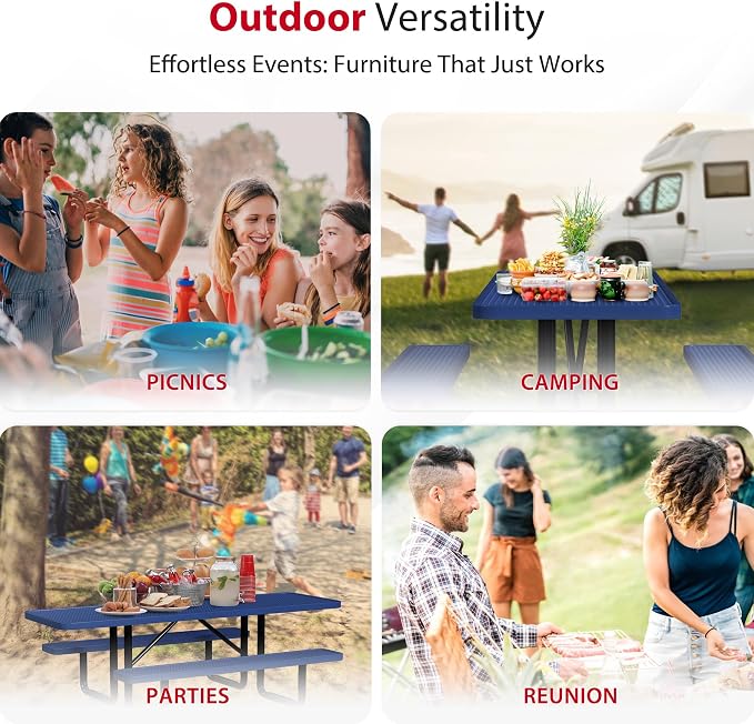 Leisure Craft Metal Picnic Table with Bench - 8 ft Rectangle Outdoor Dining Table with Umbrella Hole, Heavy Duty Thermoplastic Coating, ADA Compliant, Commercial Grade Furniture Made in USA - Navy