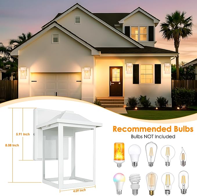 MATAMEYE Outdoor Wall Light Fixture, Exterior Waterproof Porch Lighting | White Patio Wall Lantern, Anti-Rust, Clear Glass, E26 Socket, Wall Mount Sconce Lighting, Outside Front Door Light Entryway