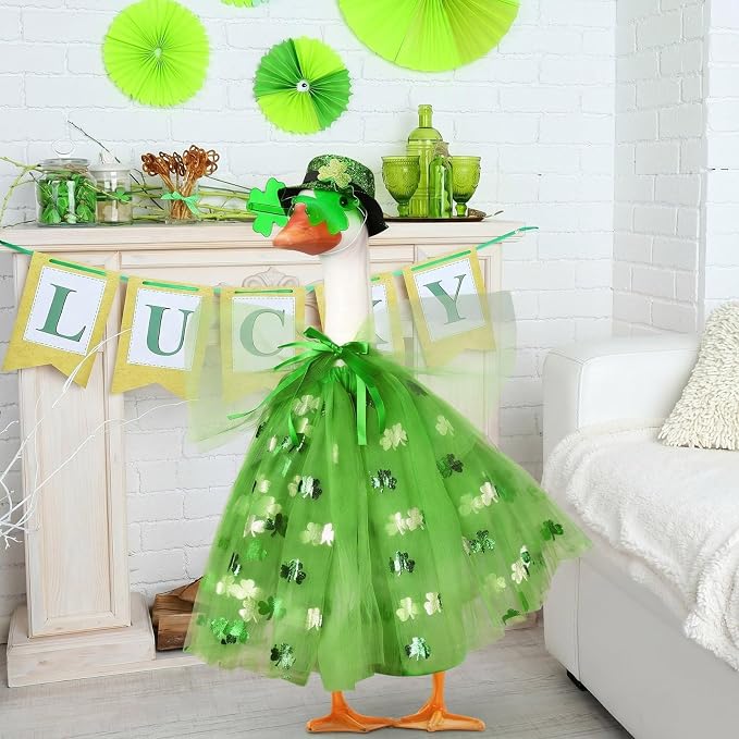 Soulchen 1 Set St. Patrick's Day Clover Porch Goose Outfits 23 Inch Cement Goose Clothes Geese Glasses and Hat Outfit Costume Set for Irish St. Patrick's Holiday Outdoor Garden Yard Decor