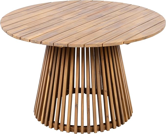 roomfitters 47.25" Round Outdoor Dining Table, Slatted Pedestal Base Acacia Wood Patio Table for 4-6 People, Light Teak
