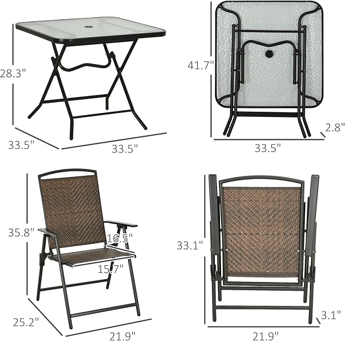 Outsunny 5 Pieces Wicker Patio Dining Set, Foldable Outdoor Table and Chairs, Wicker Furniture Dining Set with Umbrella Hole, Tempered Glass Table, Dark Brown