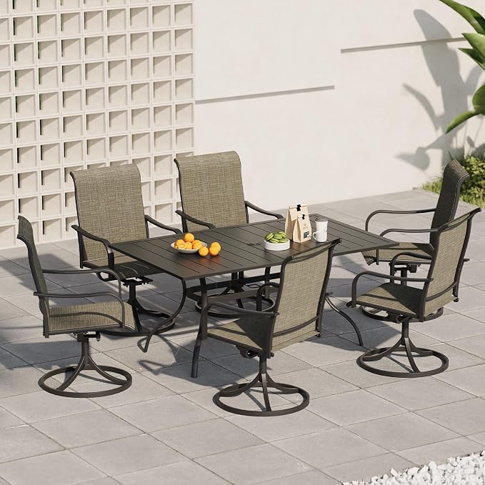 Anmutig 7-Piece Outdoor Dining Set, 6 Swivel Patio Chairs & 60'' Rectangular Dining Table with All Weather Frame Furniture Set - Tan Grey Style2