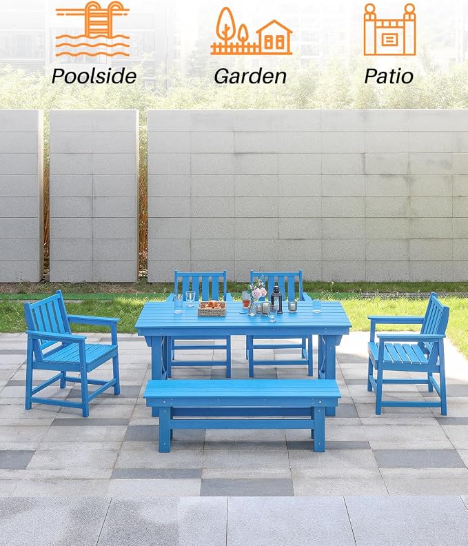 HDPE Outdoor Bench, 55" Patio Bench Outdoor Furniture, Poly Lumber Adirondack Benches, All Weather HDPE Patio Garden Backless Benches for Park, Poolside, Deck, Porch, Sky Blue