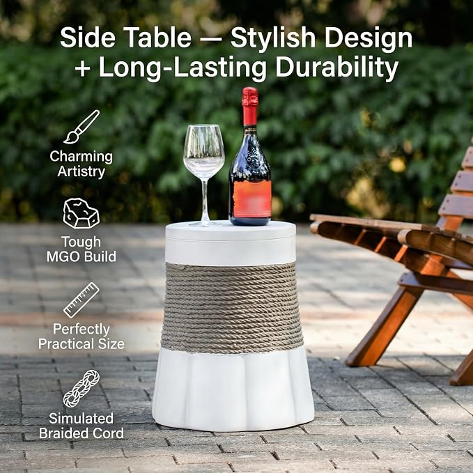 Outdoor Side Table, Woven Rope & MGO, Brown,Gray