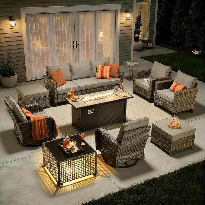 10 Piece Wicker Patio Furniture Set with Firepit, Dark Gray | High Back Swivel Rocker Chairs, 54-inch Fire Pit, Outdoor Sofa Ottoman Solar Lights Table, Conversation Sets, Deck Backyard