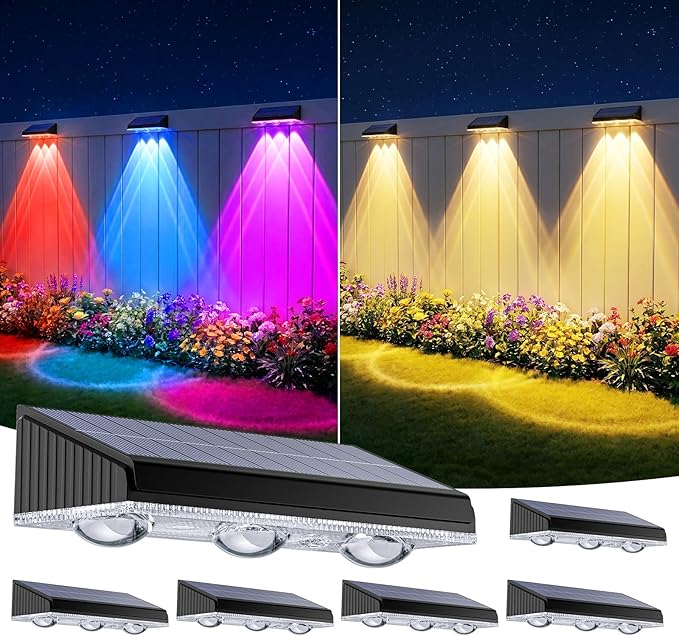 Solar Fence Lights Outdoor 6 Pack, Upgraded Brightness 3X LED Lens Fence Lights Solar Powered, 9 Fixed Colors & RGB Lights, IP65 Waterproof Solar Lights for Outside Backyard/Railing/Step/Patio