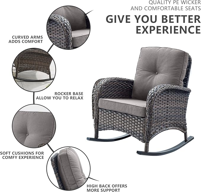 Belord Patio Wicker Furniture with Rocking Chairs Loveseat, 5 Piece Rattan Furniture Outdoor Table and Rocking Chairs Set for Patio Deck Porch Backyard Brwon/Grey