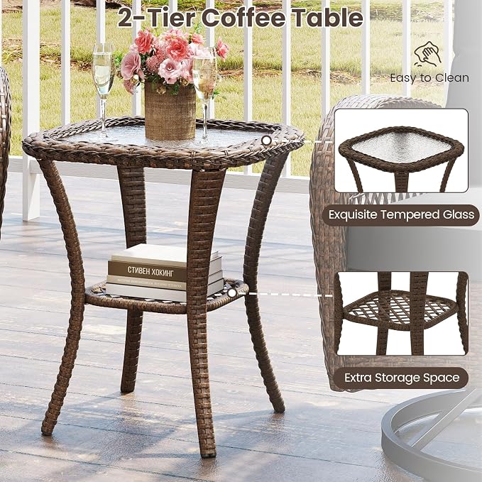 ORALNER 3 Pieces Wicker 360° Swivel Rocker Set Patio Furniture, Rocking Chairs with Cushions, Tempered Glass Coffee Table, Outdoor Rattan Bistro Set for Balcony Front Porch Deck Poolside (Black)