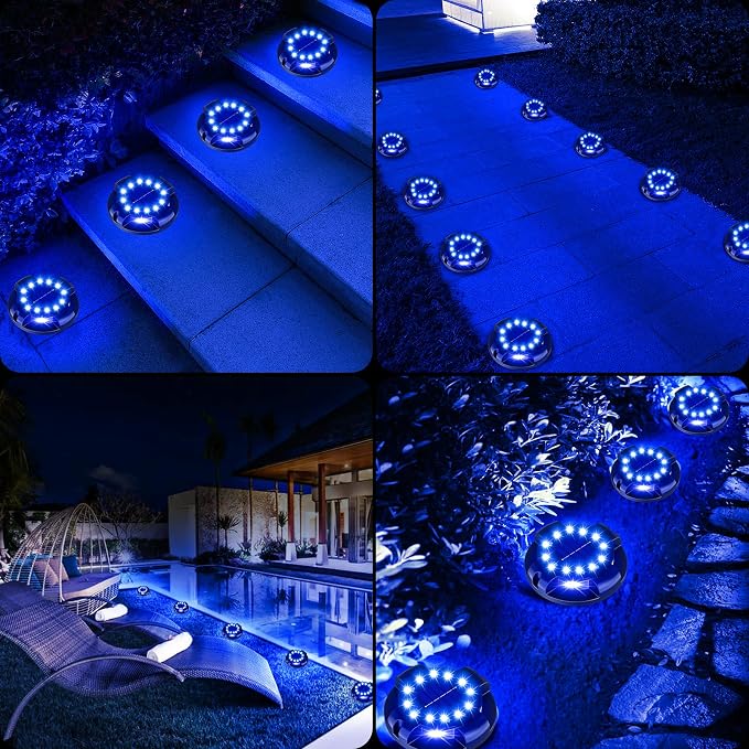 Solar Ground Lights 12 Pack, 4.3" Bright Blue 16 LEDs Solar Pathway Lights | Solar Deck Light with Uplights and Sidelights, Outdoor Waterproof for Yard Walkway Garden Poolside Driveway Decoration