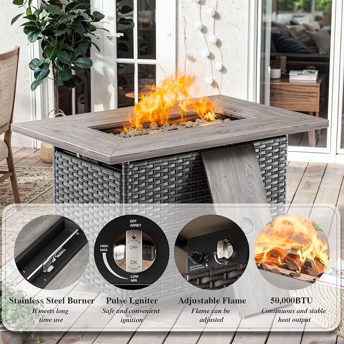 HUMMUH 10 Pieces Patio Furniture Set with Fire Pit High Back Wicker Outdoor Furniture Set Swivel Rocker Chairs 3-Seater Couch for Porch,Deck,Backyard