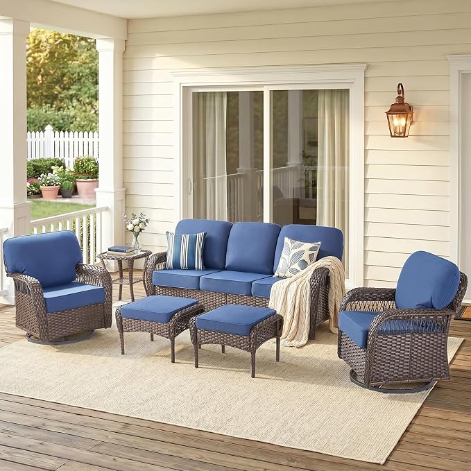 6 PCS Patio Furniture Set Outdoor Sectional Sofa Couch with Rocking Swivel Chairs 5" Deep Seat Chairs, Modern Wicker Rattan Conversation Set, Blue/Brown Wicker