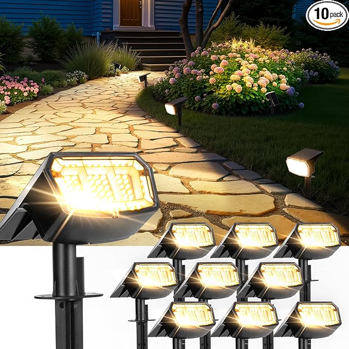 Solar Spot Lights Outdoor Waterproof, Solar Spotlights 10 Pack Warm White | 63 LED 3 Lighting Modes Solar Landscape Spotlights for Yard, Garden, Backyard, Driveway, Pathway, Wall, House, Garage