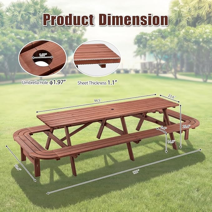 14-16 Person Wood Picnic Table with Attached Benches & Umbrella Hole,Rectangle Brown Outdoor Wooden Dining Table & Chairs for Patio Yard Garden Porch Deck