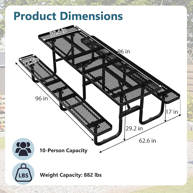96" Heavy Duty Metal Picnic Table for 10 People, Outdoor Dining with Umbrella Hole, Galvanized Steel Rustproof Frame 882LBS Capacity, Mesh Top for Garden Patio Camping, Black