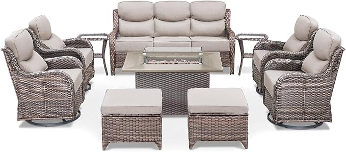 Patio Furniture Set with Fire Pit Table-10 Pieces All Weather Outdoor Swivel Rocker Chairs with Sofa and Ottomans. Outdoors Patio Conversation Sets for Porch Deck Garden Backyard(Brown/Beige)