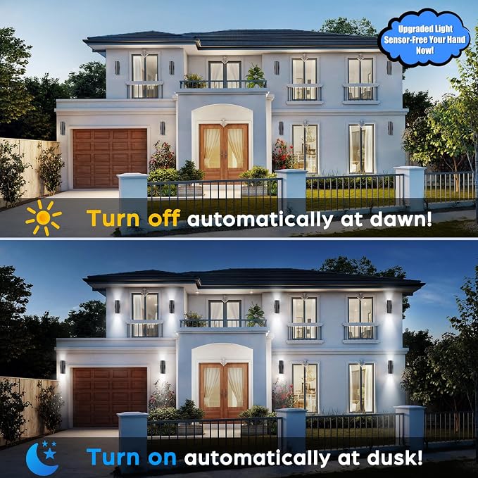 14” Modern Outdoor Wall Light with Dusk to Dawn Sensor, Exterior Light Fixture Wall Mount Waterproof Anti-Rust Cylinder, Up and Down 2 Lights Black Sconces for Porch House Outside Entryway, 2-Pack