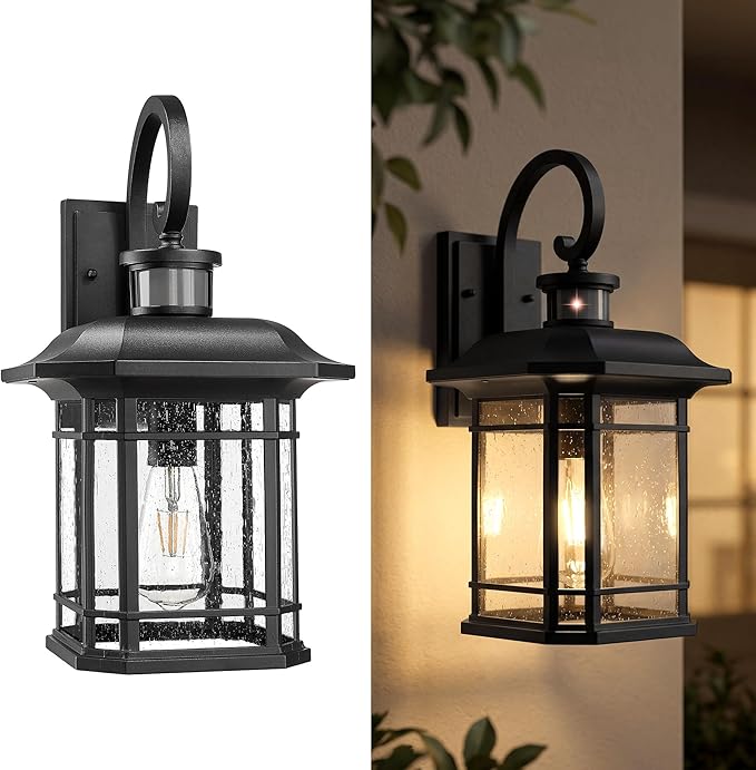 Emliviar 17.3" Motion Sensor Outside Wall Mounted Light, Large Exterior Front Door Lighting Fixtures for House, Outdoor Wall Lantern with Seeded Glass, Black Finish, 2084B-M-SE BK
