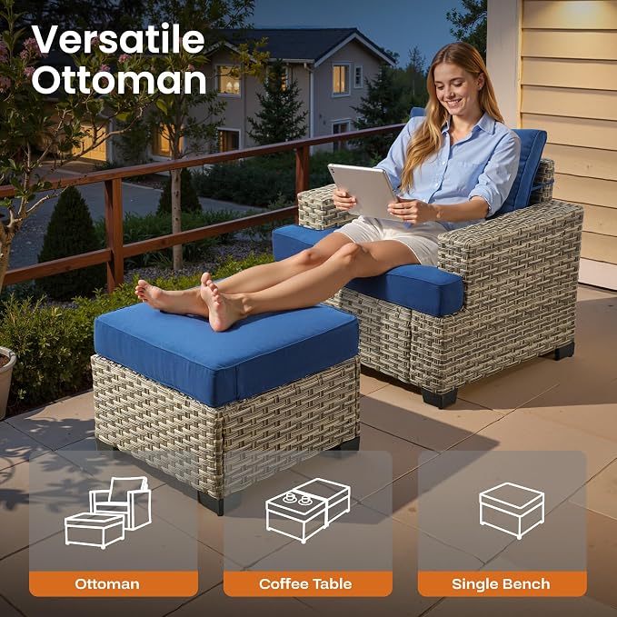 ovios 7 Piece Patio Sectional Furniture, Rattan Wicker Coversation Couch Set, Outdoor Sofa Set for Outside Porch Balcony Backyard Pool,Navy Blue
